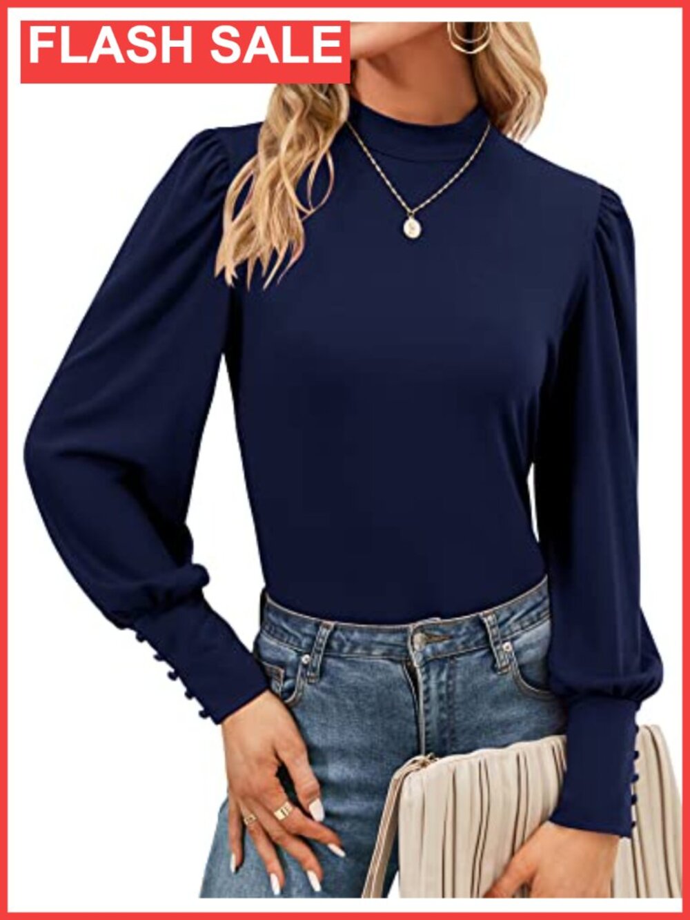 Womens Mock Neck Puff Long Sleeve Blouse Button Cuff Tunic Top
